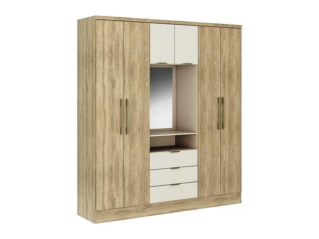 Armário E Roupeiro*Vente-unique Roupeiro 6 Portas E 3 Gavetas Com Espelho, C180 Cm, Cor Natural E Bege - Elorio