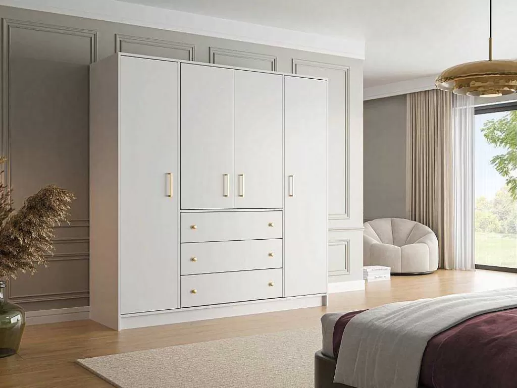 Armário E Roupeiro*Vente-unique Roupeiro Com 4 Portas E 3 Gavetas C196 Cm Branco - Lizandro