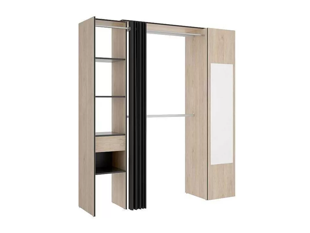 Armário E Roupeiro*Vente-unique Roupeiro Com Cortina E 1 Porta, Com Espelho, C177 Cm Cor Natural E Antracite - Bertrand