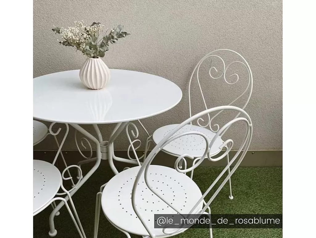 Conjunto Mesa E Cadeiras De Jardim*MYLIA Sala De Jantar De Jardim Em Metal Estilo Ferro Forjado: Uma Mesa E 4 Cadeiras Brancas - Guermantes
