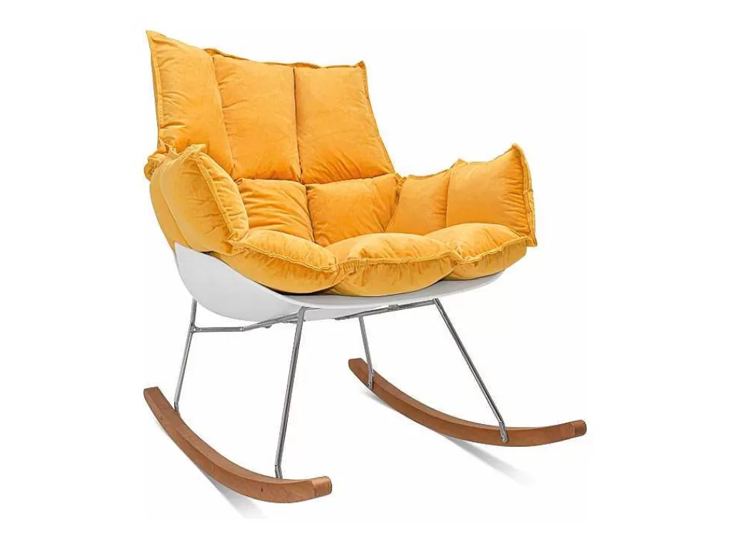 Poltrona Em Tecido*Frankystar Santiago - Poltrona De Balanco Design Em Pp E Madeira De Pinho. Cadeira De Baloico Com Almofada De Veludo Amarelo Delia Acolchoada E Acolchoada