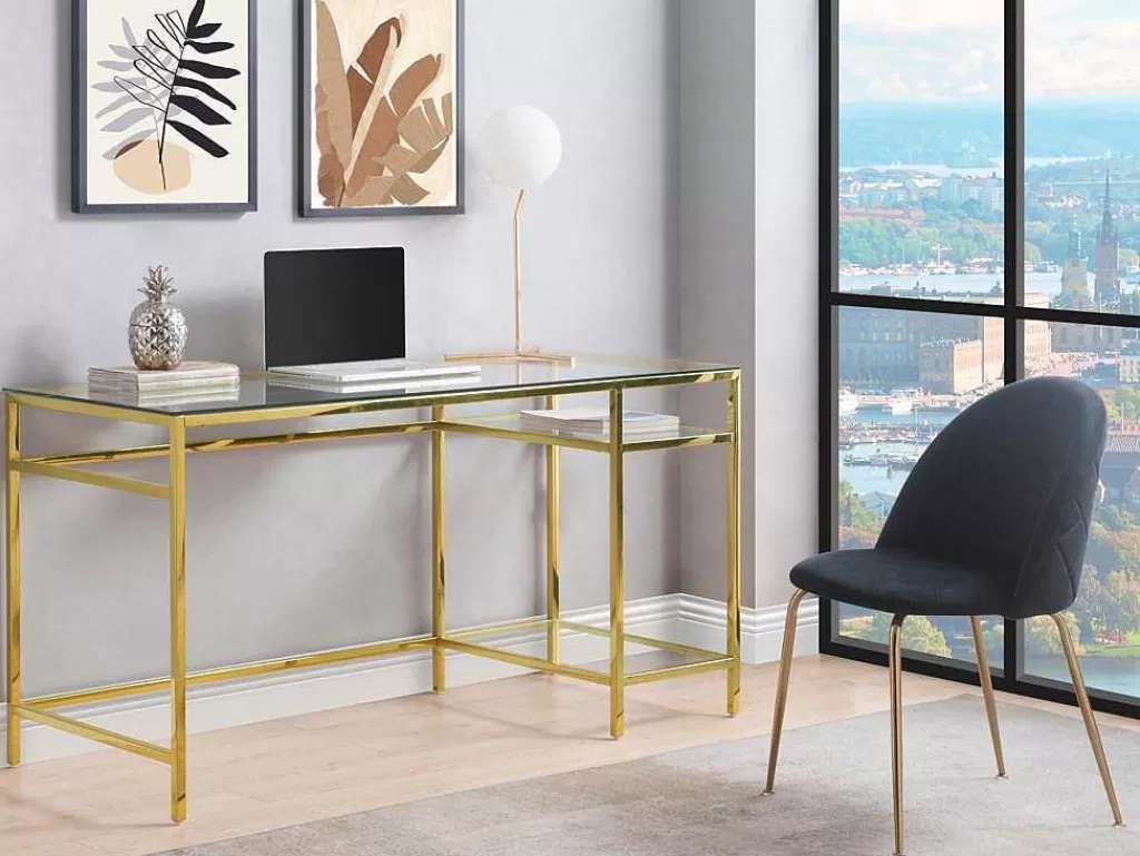 Secretária*PASCAL MORABITO Secretária Com 2 Prateleiras Em Vidro Temperado E Aco Cor Dourado - Tizio
