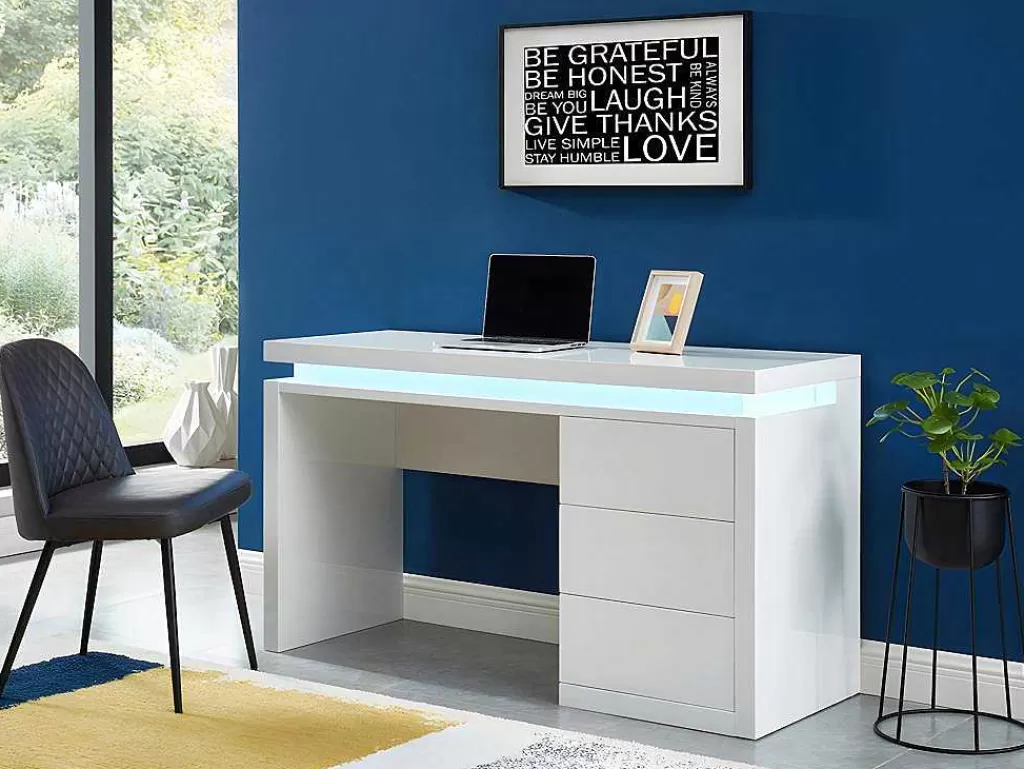 Secretária*Vente-unique Secretária Com 3 Gavetas - Mdf Lacado A Branco - Leds - Emerson