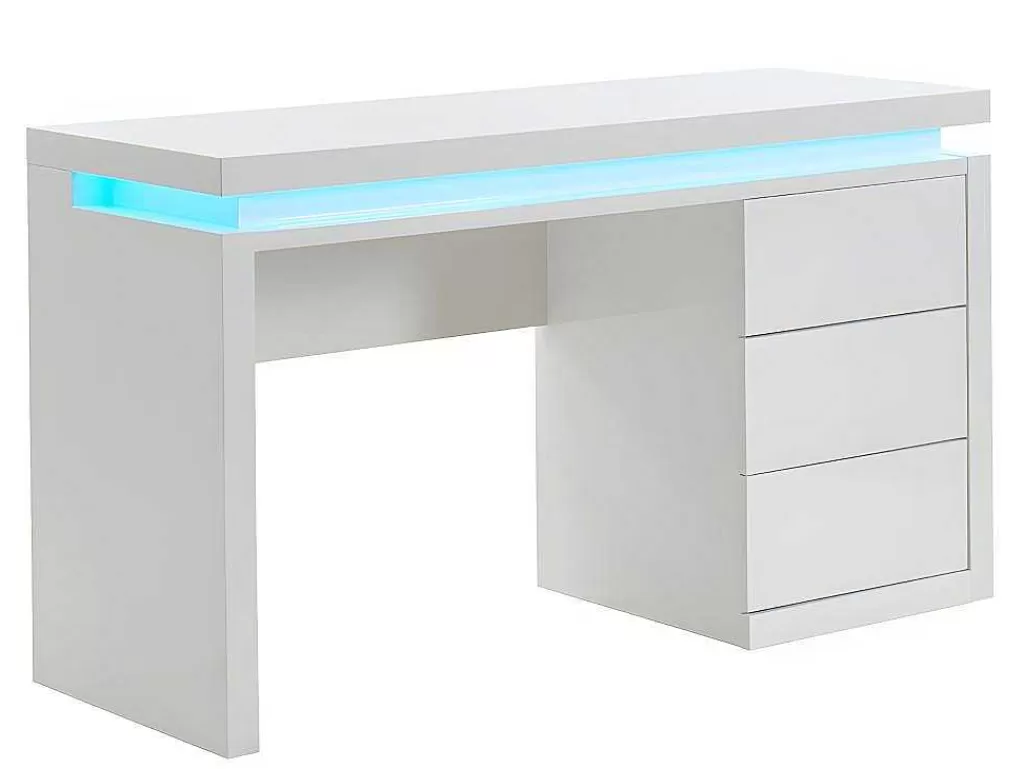 Secretária*Vente-unique Secretária Com 3 Gavetas - Mdf Lacado A Branco - Leds - Emerson