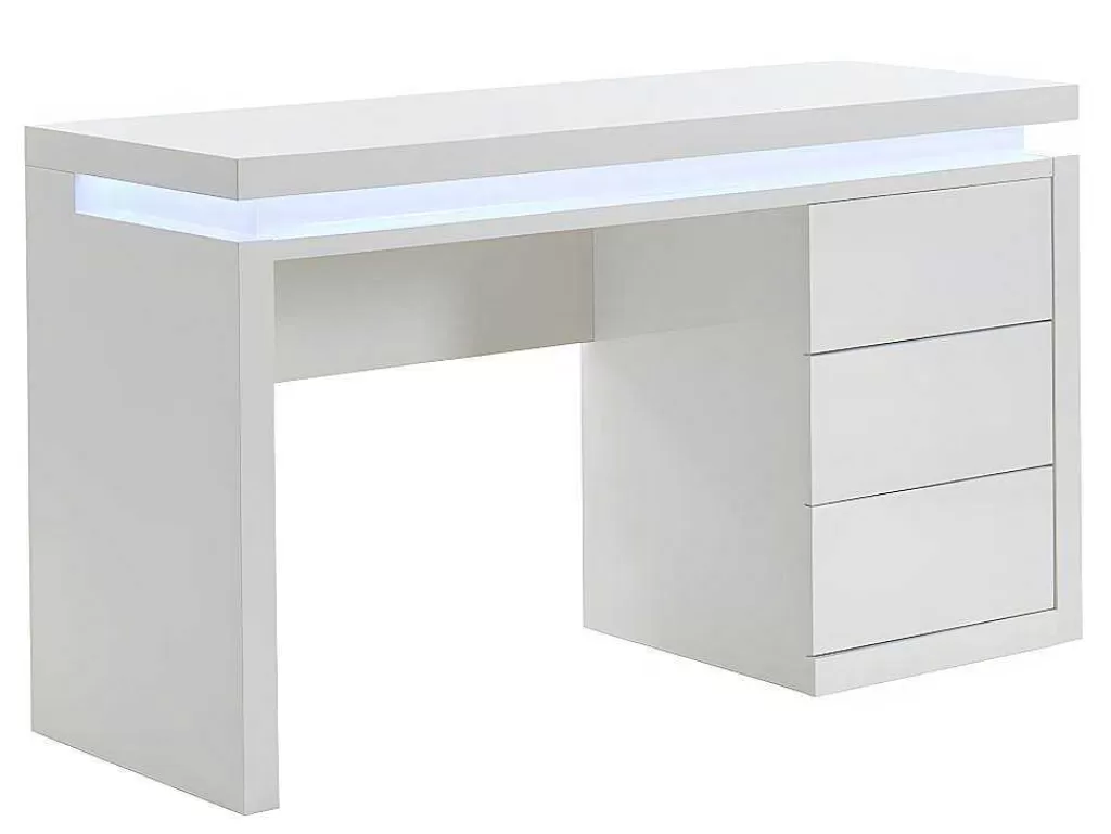 Secretária*Vente-unique Secretária Com 3 Gavetas - Mdf Lacado A Branco - Leds - Emerson