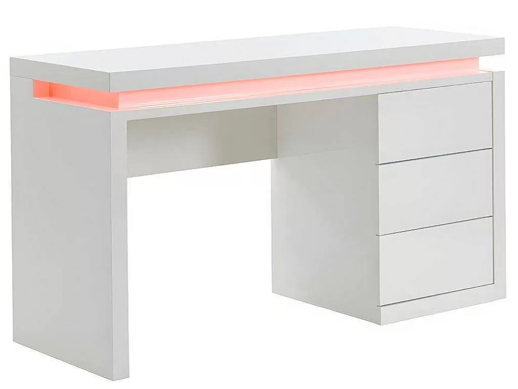 Secretária*Vente-unique Secretária Com 3 Gavetas - Mdf Lacado A Branco - Leds - Emerson
