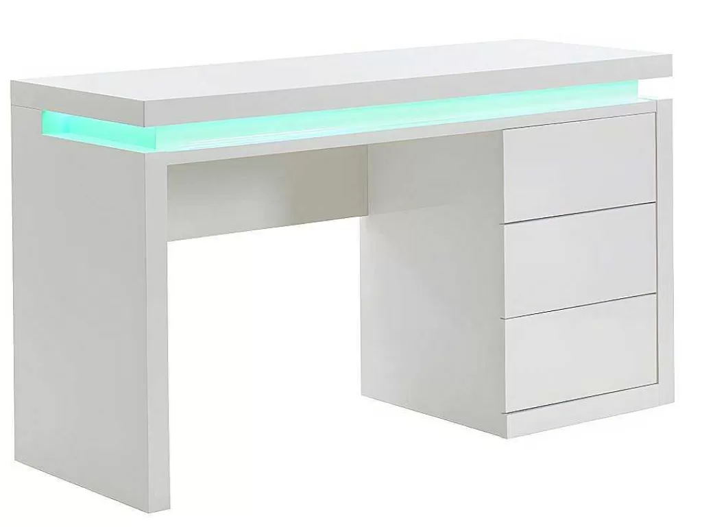 Secretária*Vente-unique Secretária Com 3 Gavetas - Mdf Lacado A Branco - Leds - Emerson