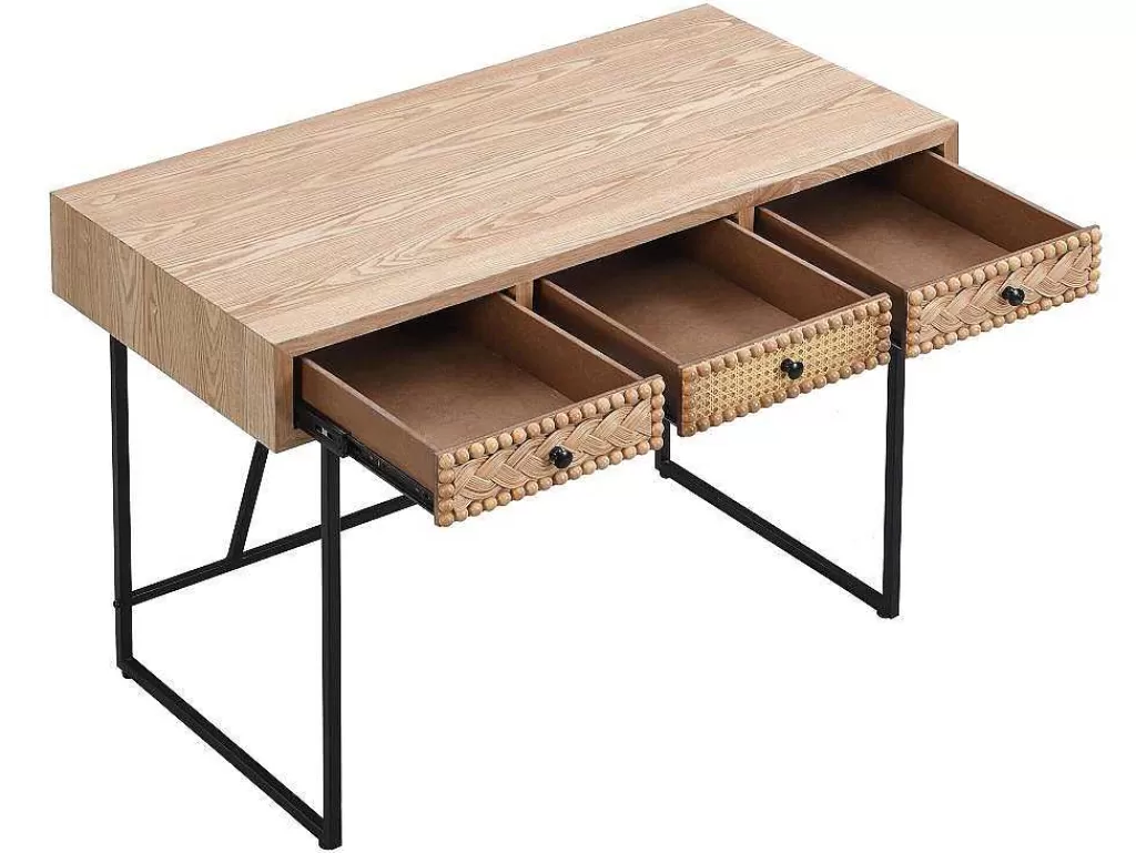 Secretária*Vente-unique Secretária Com 3 Gavetas Mdf E Metal Cor Natural E Preto - Akivi
