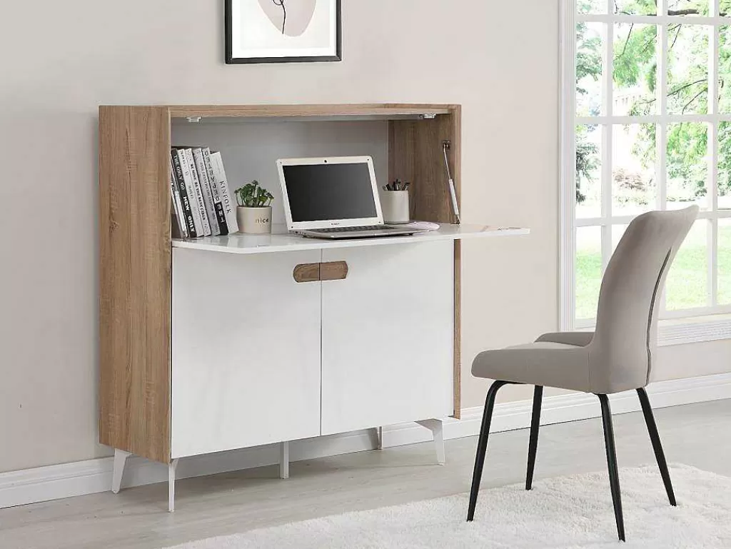 Secretária*Vente-unique Secretária Com 3 Portas Mdf E Metal Cor Natural E Branco - Derelis
