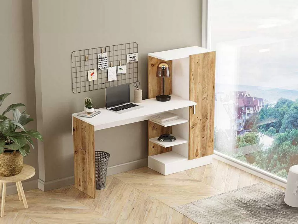 Secretária*Vente-unique Secretária Com Armário De Arrumação Cor Natural E Branco - Milaria