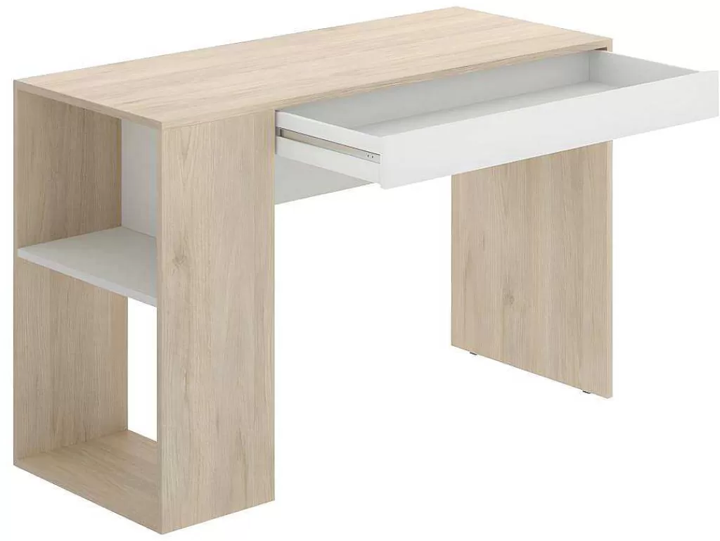 Secretária*Vente-unique Secretária Com Espacos De Arrumação Disponivel Em Carvalho E Branco - Ines