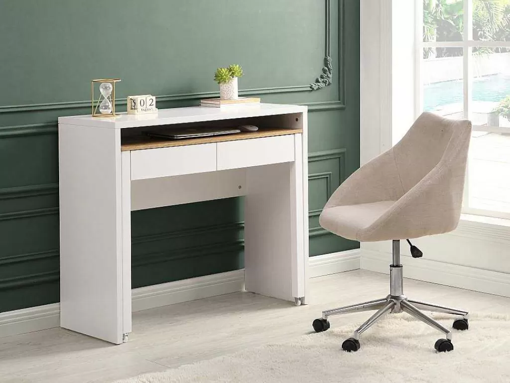 Consola*Vente-unique Secretária Consola Extensivel Com 2 Gavetas Branco E Natural - Loavia