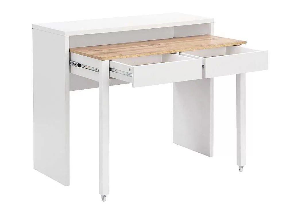Consola*Vente-unique Secretária Consola Extensivel Com 2 Gavetas Branco E Natural - Loavia