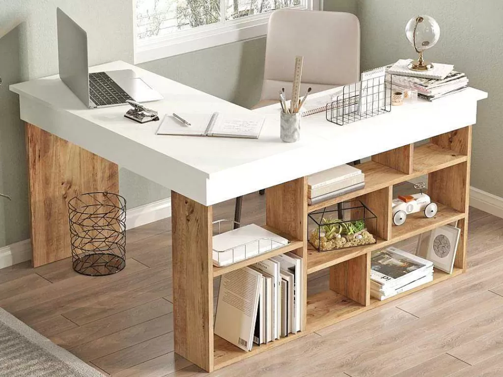 Secretária*Vente-unique Secretária De Canto Com Espacos De Arrumação Cor Branco E Natural - Lileul