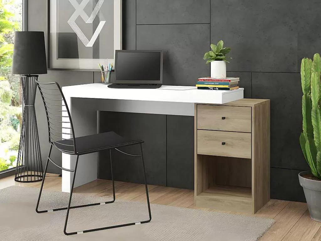 Secretária*Vente-unique Secretária Extensivel Com 2 Gavetas E 1 Nicho Branco E Carvalho - Evan