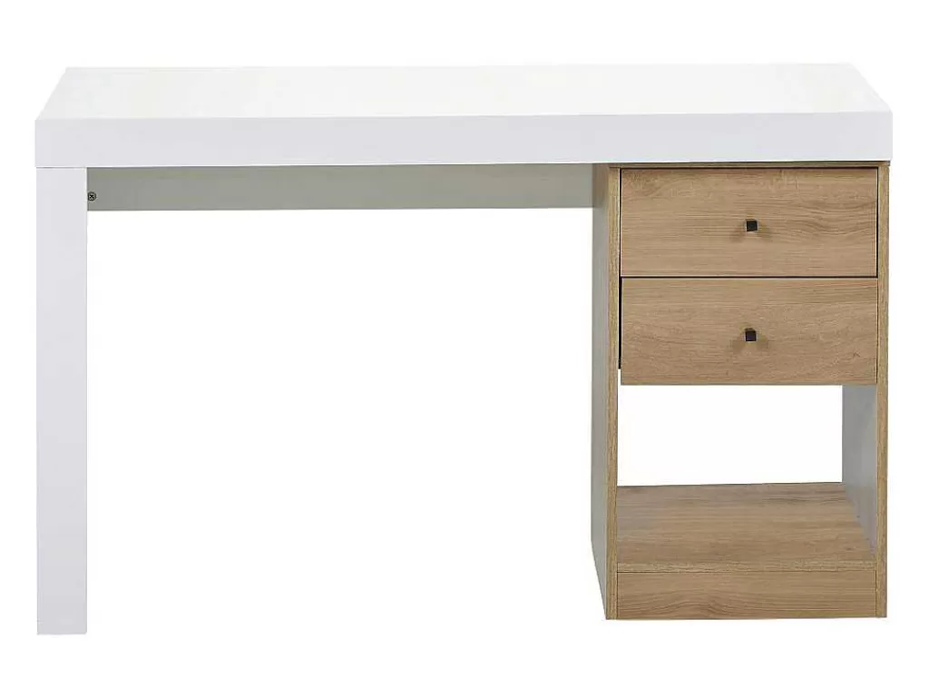 Secretária*Vente-unique Secretária Extensivel Com 2 Gavetas E 1 Nicho Branco E Carvalho - Evan