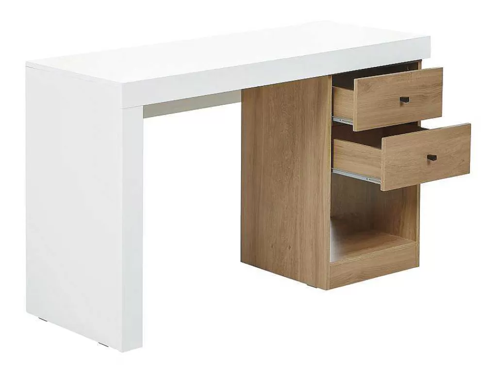 Secretária*Vente-unique Secretária Extensivel Com 2 Gavetas E 1 Nicho Branco E Carvalho - Evan