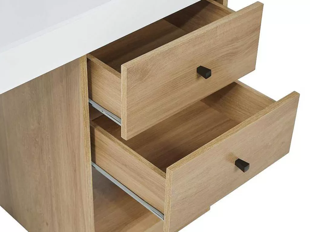 Secretária*Vente-unique Secretária Extensivel Com 2 Gavetas E 1 Nicho Branco E Carvalho - Evan