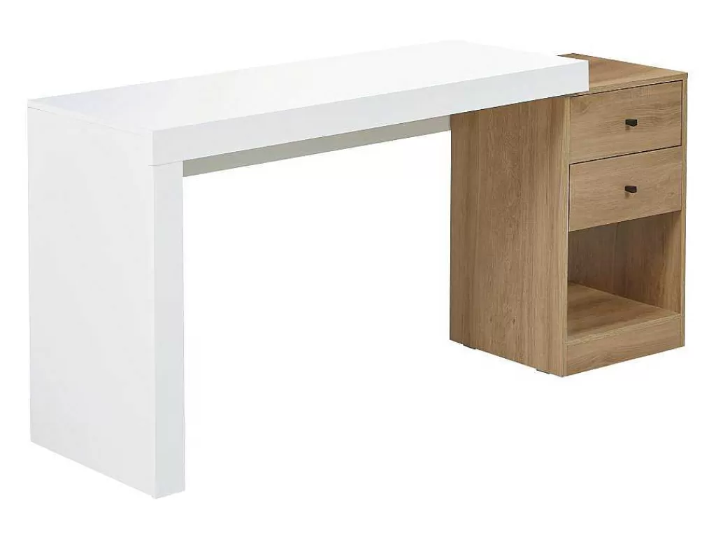 Secretária*Vente-unique Secretária Extensivel Com 2 Gavetas E 1 Nicho Branco E Carvalho - Evan