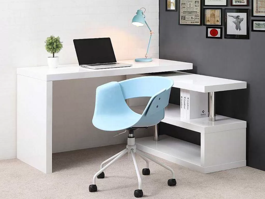 Secretária*Vente-unique Secretária Extensivel Em Mdf Lacado Cor Branco Com Tampo Giratorio 360° - Nicephore