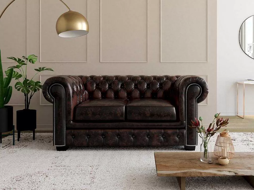 Sofá De 2 Ou 3 Lugares*LINEA Sofá Sofá 2 Lugares 100% Pele De Bufalo Castanho Com Reflexos Castanhos Estilo Chesterfield - Brenton