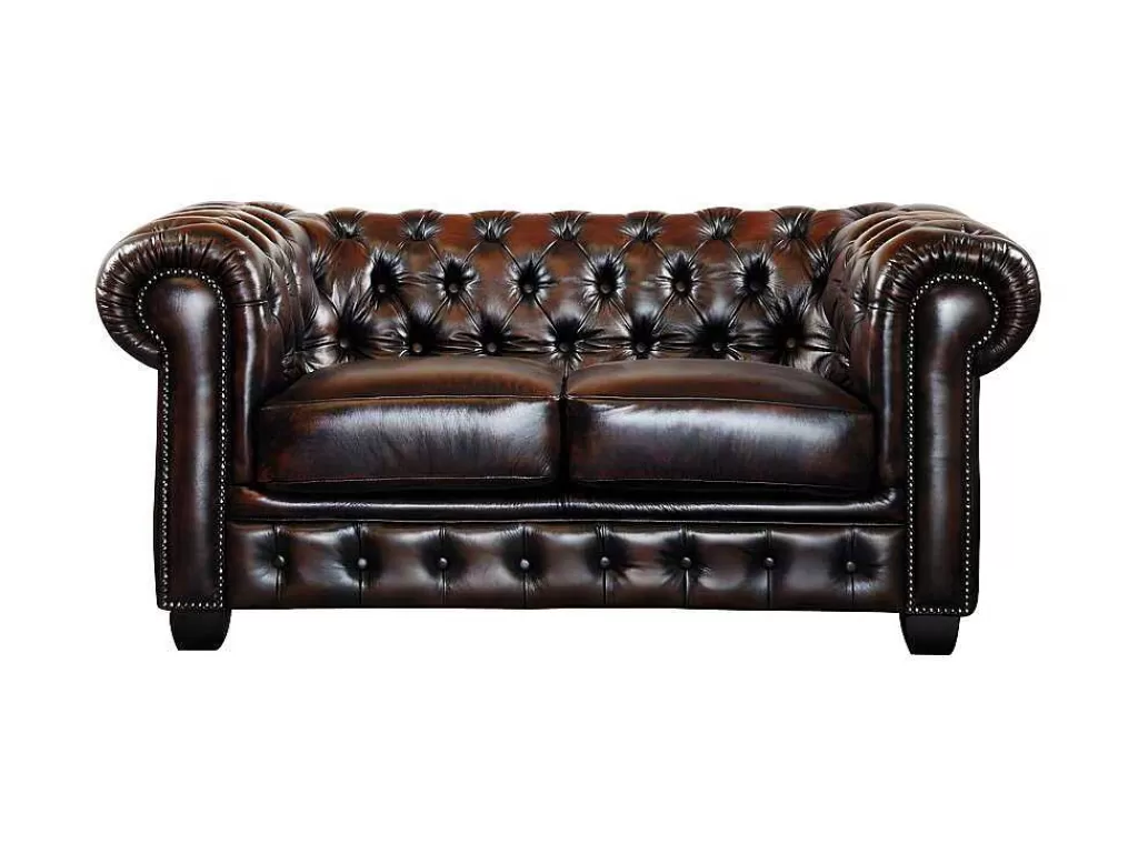 Sofá De 2 Ou 3 Lugares*LINEA Sofá Sofá 2 Lugares 100% Pele De Bufalo Castanho Com Reflexos Castanhos Estilo Chesterfield - Brenton