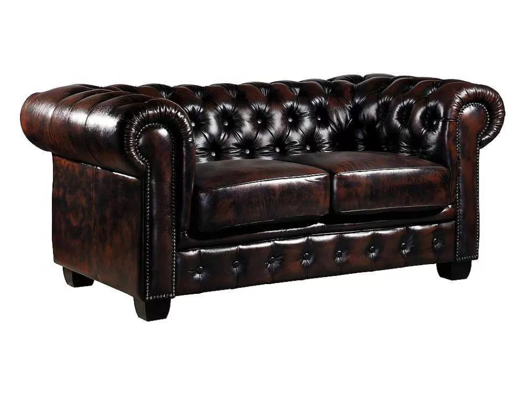 Sofá De 2 Ou 3 Lugares*LINEA Sofá Sofá 2 Lugares 100% Pele De Bufalo Castanho Com Reflexos Castanhos Estilo Chesterfield - Brenton
