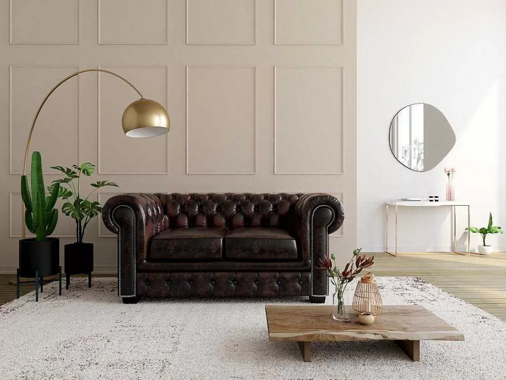 Sofá De 2 Ou 3 Lugares*LINEA Sofá Sofá 2 Lugares 100% Pele De Bufalo Castanho Com Reflexos Castanhos Estilo Chesterfield - Brenton