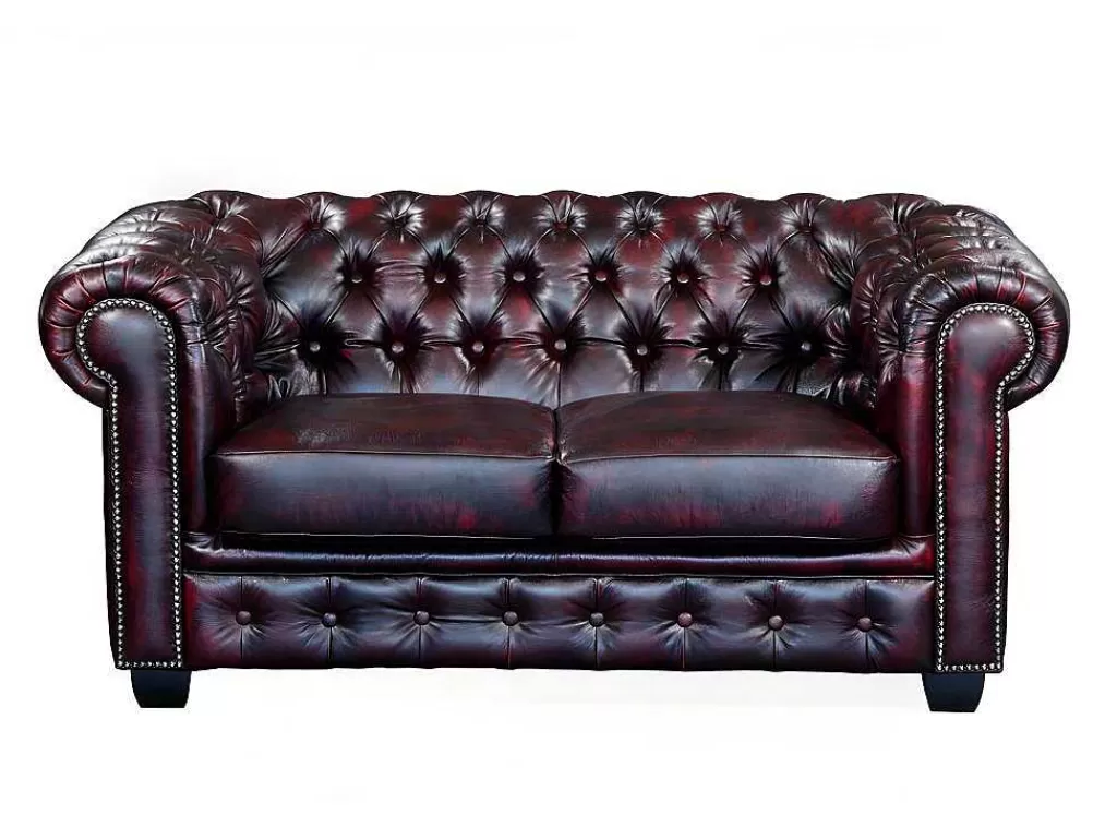 Sofá De 2 Lugares*LINEA Sofá Sofá 2 Lugares 100% Pele De Bufalo Cereja Estilo Chesterfield - Brenton