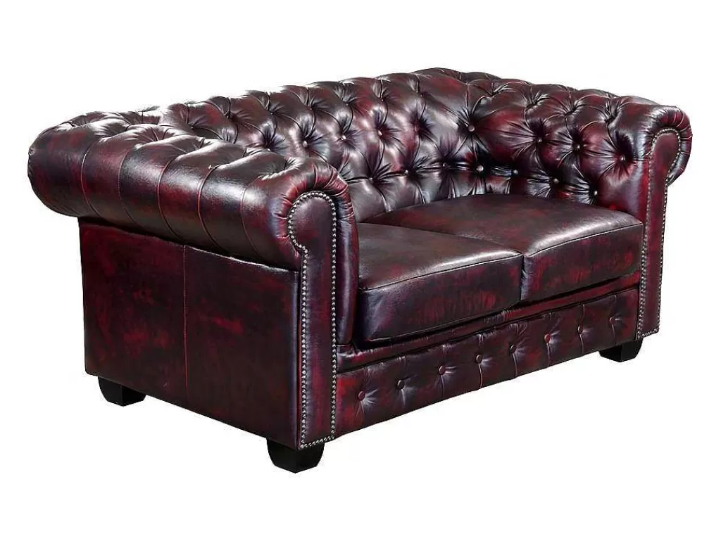 Sofá De 2 Lugares*LINEA Sofá Sofá 2 Lugares 100% Pele De Bufalo Cereja Estilo Chesterfield - Brenton