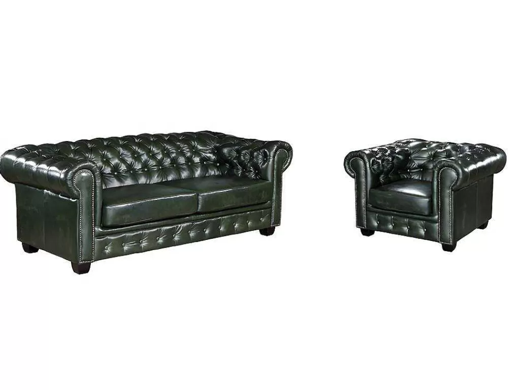Conjunto Sofá E Poltrona*Vente-unique Sofá 3+1 Lugares 100% Pele De Bufalo Verde Imperial Estilo Chesterfield - Brenton