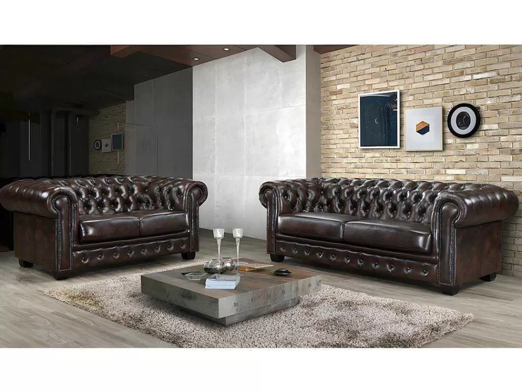 Conjunto De Sofá*Vente-unique Sofá 3+2 Lugares 100% Pele De Bufalo Castanho Reflexos Castanhos Estilo Chesterfield - Brenton