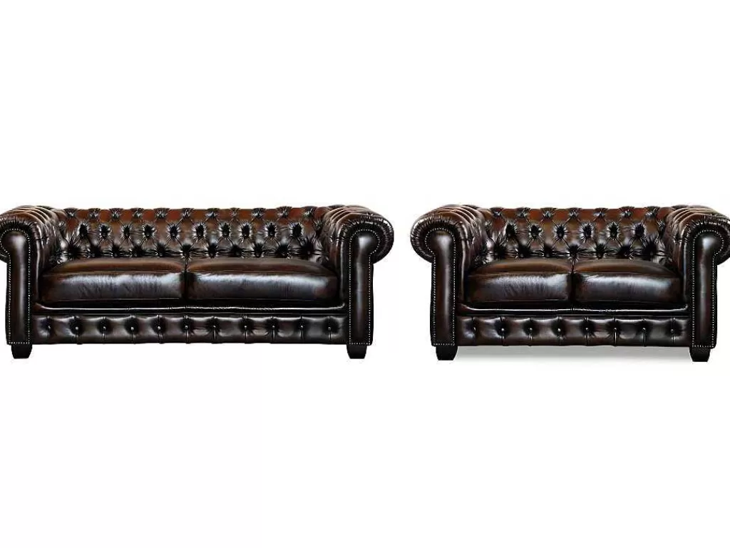 Conjunto De Sofá*Vente-unique Sofá 3+2 Lugares 100% Pele De Bufalo Castanho Reflexos Castanhos Estilo Chesterfield - Brenton