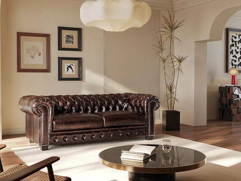 Sofá*LINEA Sofá Sofá 3 Lugares 100% Pele De Bufalo Castanho Com Reflexos Castanhos Estilo Chesterfield - Brenton