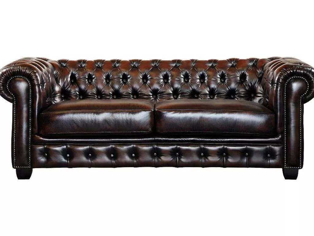 Sofá*LINEA Sofá Sofá 3 Lugares 100% Pele De Bufalo Castanho Com Reflexos Castanhos Estilo Chesterfield - Brenton