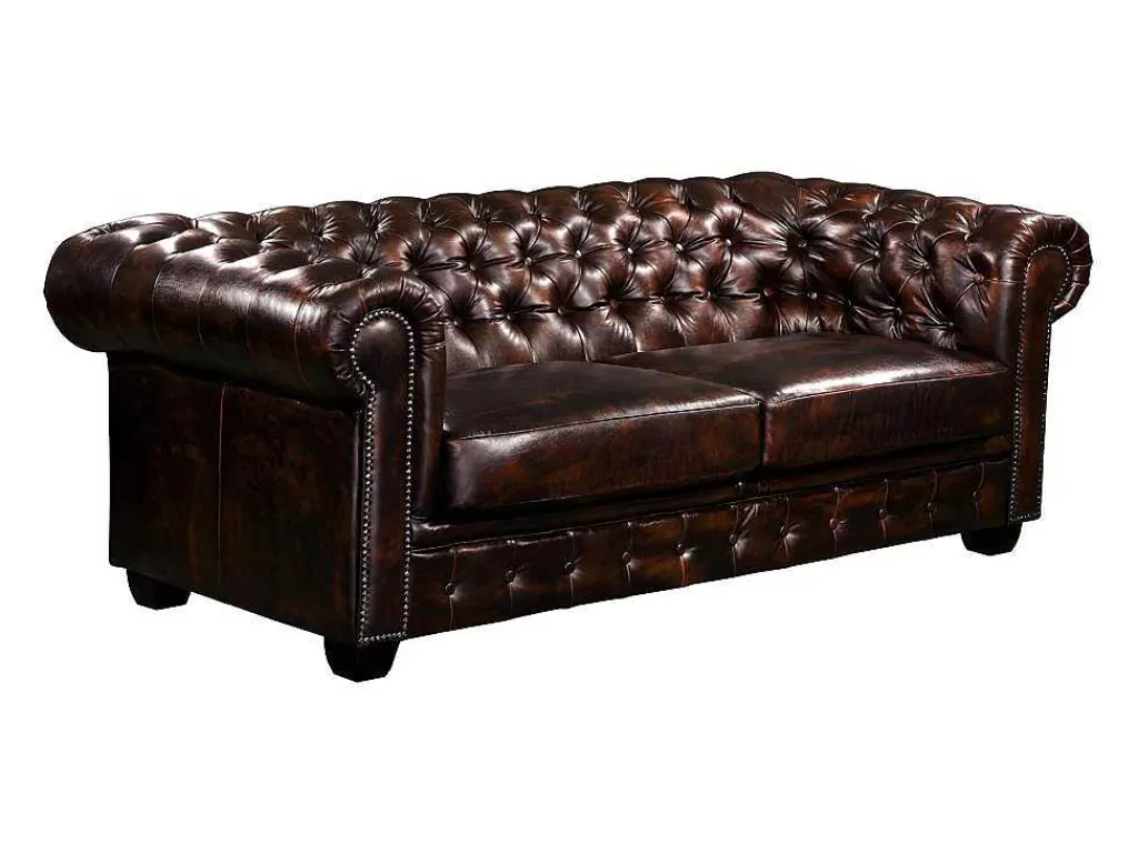Sofá*LINEA Sofá Sofá 3 Lugares 100% Pele De Bufalo Castanho Com Reflexos Castanhos Estilo Chesterfield - Brenton