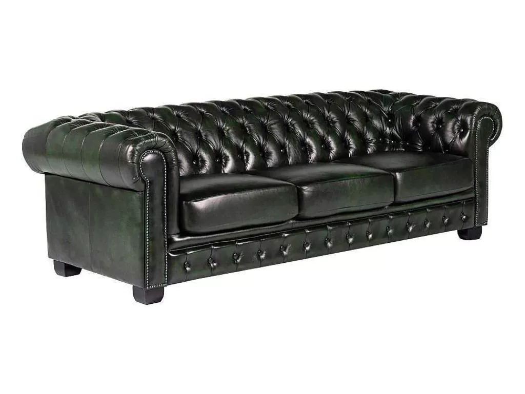 Sofá Em Pele*LINEA Sofá Sofá 4 Lugares 100% Pele Verde Escuro Estilo Chesterfield - Brenton