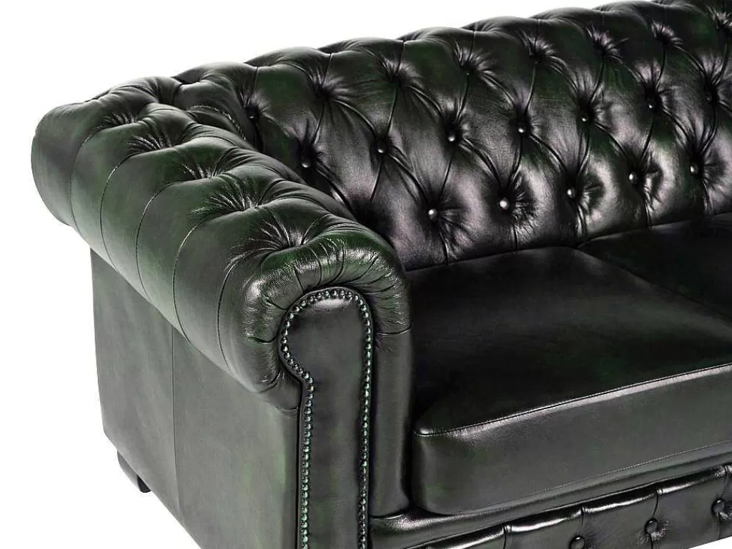 Sofá Em Pele*LINEA Sofá Sofá 4 Lugares 100% Pele Verde Escuro Estilo Chesterfield - Brenton