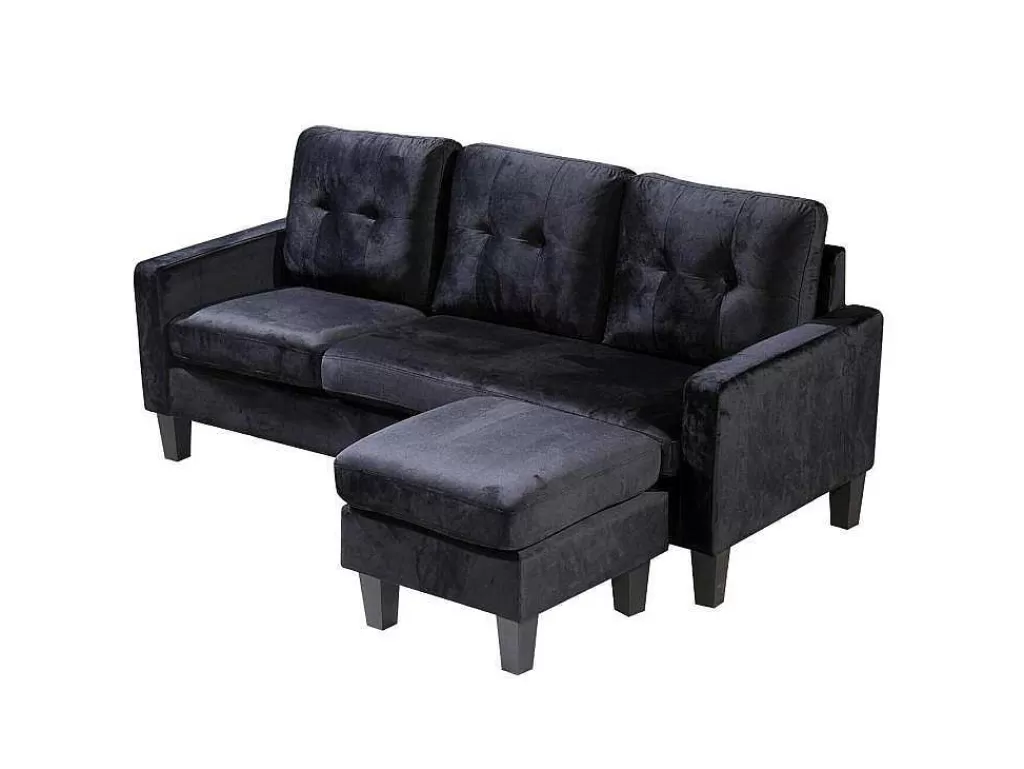 Sofá*Saldosystocks Sofá + Pufe Conversivel Em Chaise Longue 184X131 Cm 3 Lugares Cor Preta