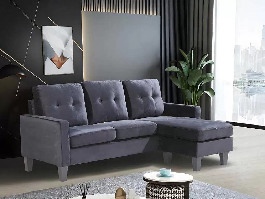 Sofá*Saldosystocks Sofá + Pufe Conversivel Em Chaise Longue 184X131 Cm 3 Lugares Cor Preta