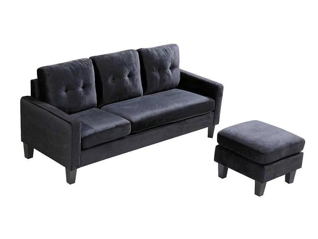 Sofá*Saldosystocks Sofá + Pufe Conversivel Em Chaise Longue 184X131 Cm 3 Lugares Cor Preta