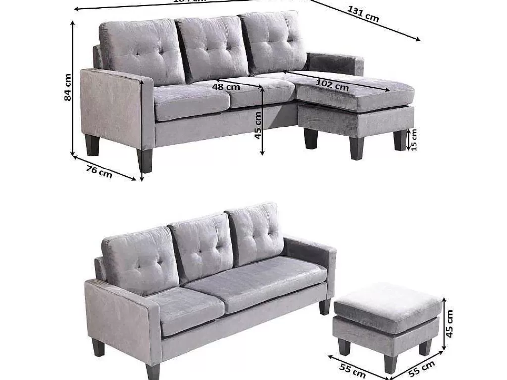 Sofá*Saldosystocks Sofá + Pufe Conversivel Em Chaise Longue 184X131 Cm 3 Lugares Cor Preta