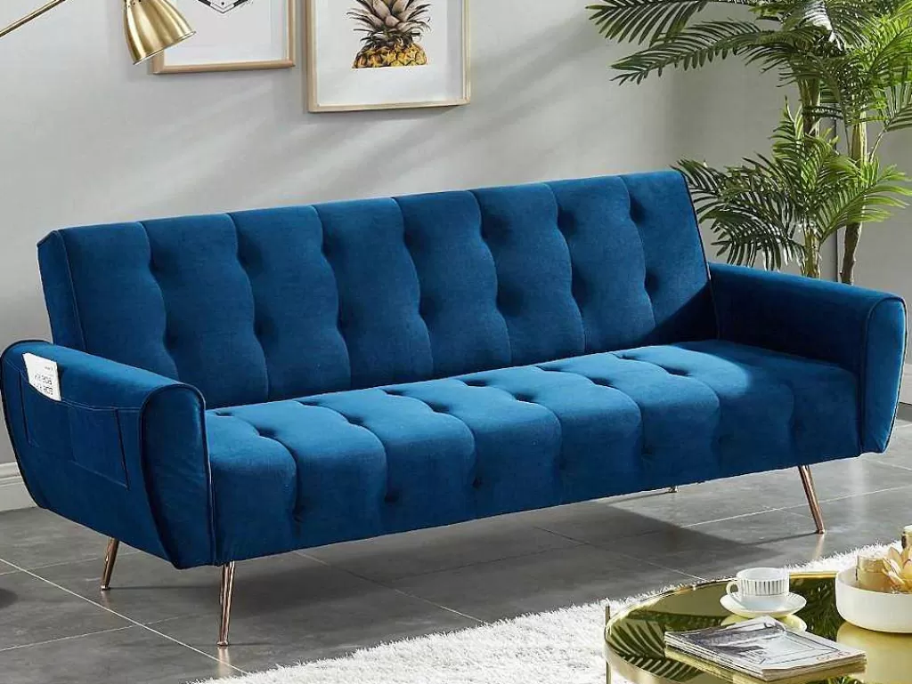 Sofá Cama Clic-Clac E Dobravel*Vente-unique Sofá Cama Clic Calc De 3 Lugares Em Veludo Azul Escuro - Polani