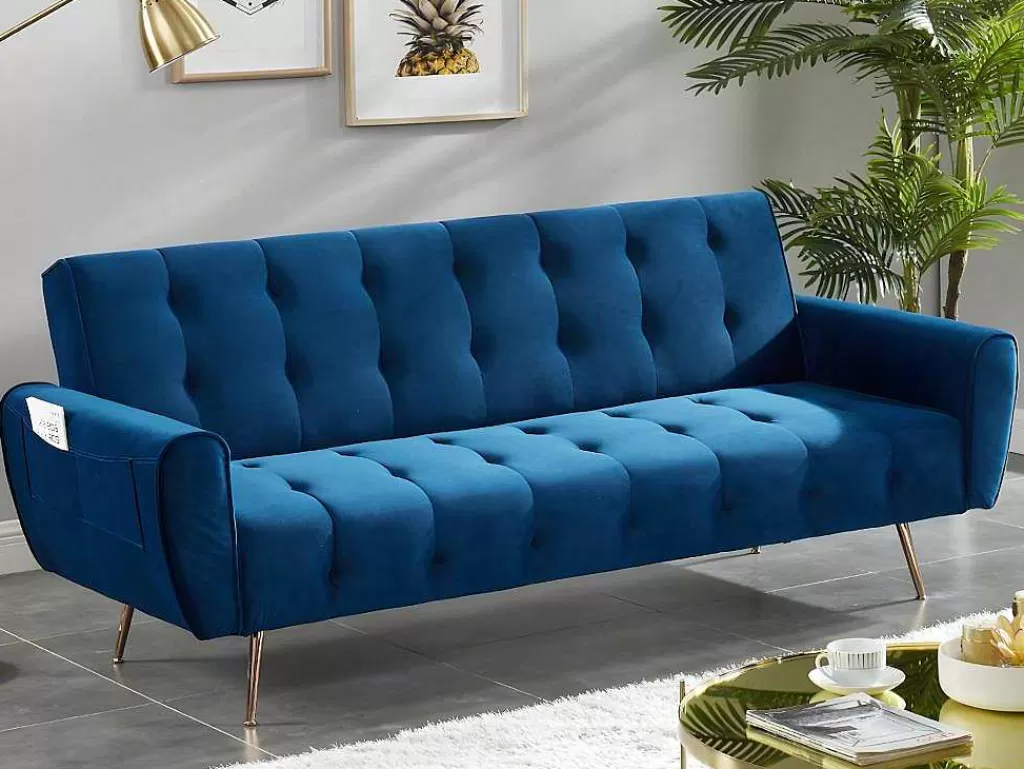 Sofá Cama Clic-Clac E Dobravel*Vente-unique Sofá Cama Clic Calc De 3 Lugares Em Veludo Azul Escuro - Polani