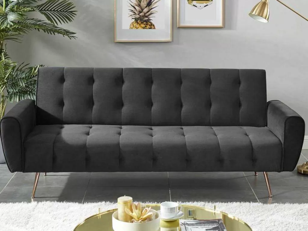 Sofá Cama Clic-Clac E Dobravel*Vente-unique Sofá Cama Clic Calc De 3 Lugares Em Veludo Cinzento Escuro - Polani