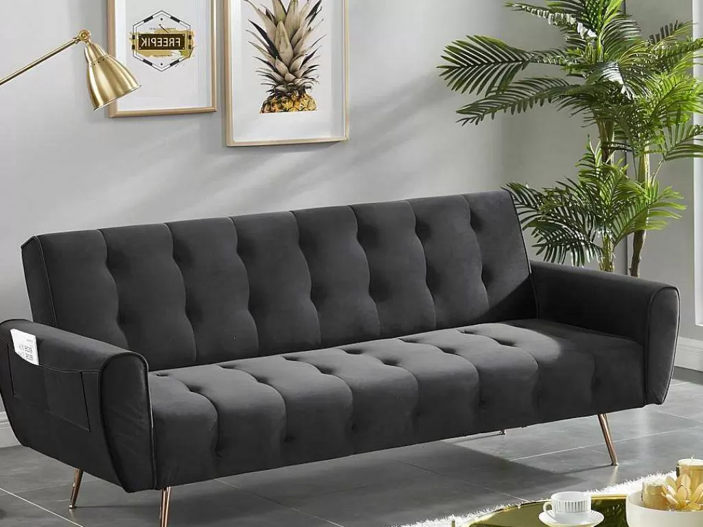 Sofá Cama Clic-Clac E Dobravel*Vente-unique Sofá Cama Clic Calc De 3 Lugares Em Veludo Cinzento Escuro - Polani