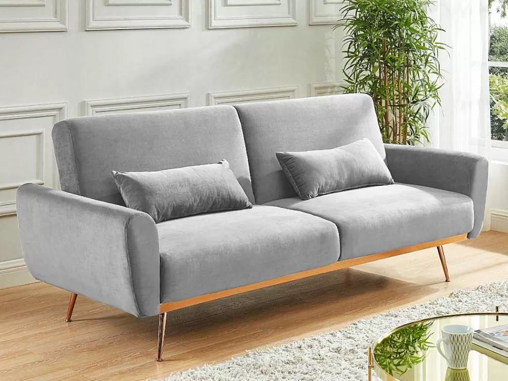 Sofá Cama Clic-Clac E Dobravel*Vente-unique Sofá Cama Clic Clac De 3 Lugare Em Veludo Cinzento Claro -Launei