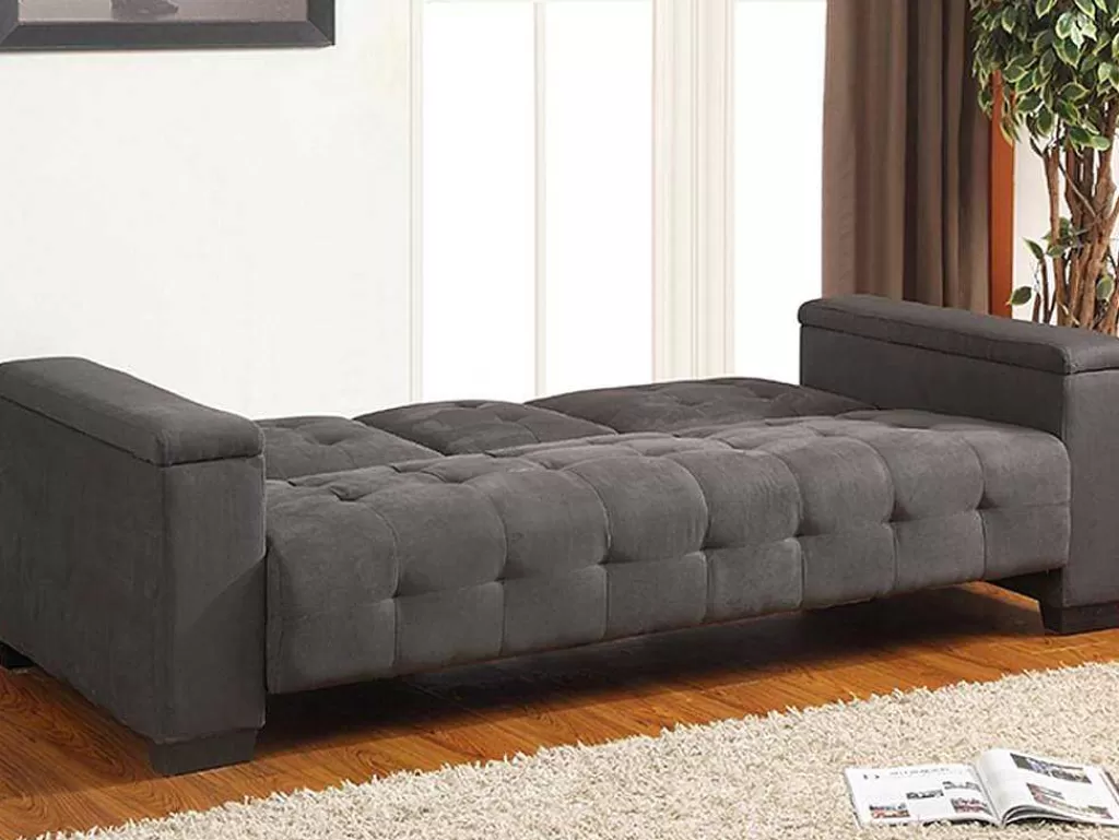 Sofá Cama Clic-Clac E Dobravel*Vente-unique Sofá Cama Clic Clac De 3 Lugares Em Microfibra Com Mesinha De Centro Rebatível Cinzento - Devonshire