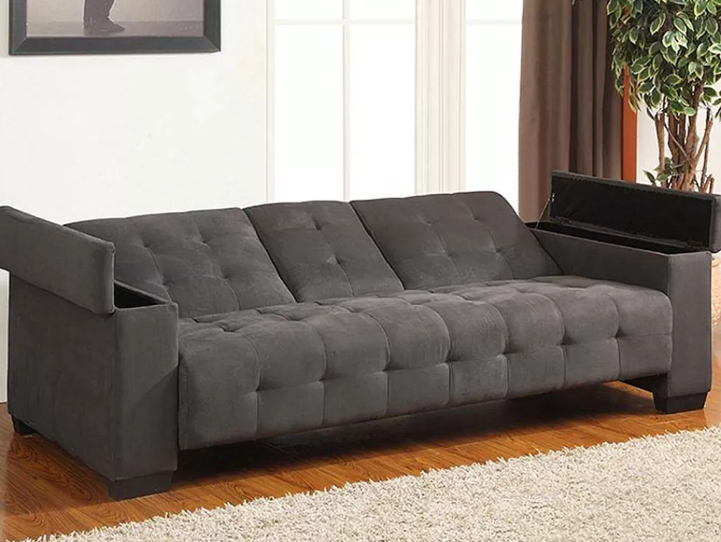 Sofá Cama Clic-Clac E Dobravel*Vente-unique Sofá Cama Clic Clac De 3 Lugares Em Microfibra Com Mesinha De Centro Rebatível Cinzento - Devonshire