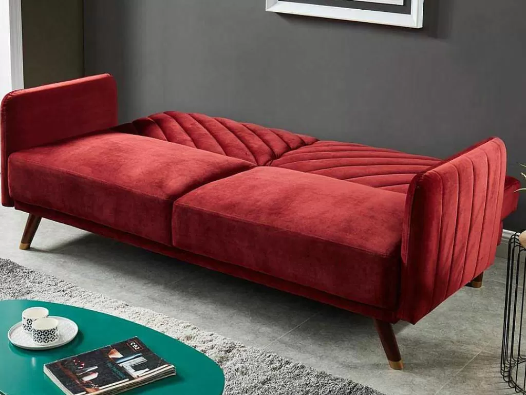 Sofá Cama Clic-Clac E Dobravel*Vente-unique Sofá Cama De 3 Lugares Convertivel Em Cama Em Veludo Vermelho - Joris
